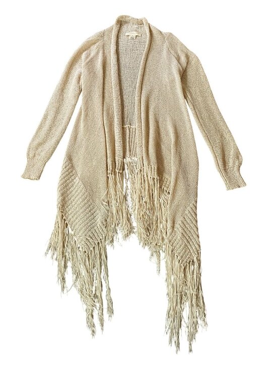 lovestitch Sweaters - Lovestitch Open-Front Beige Cardigan Fringe Hem Medium Cotton Blend